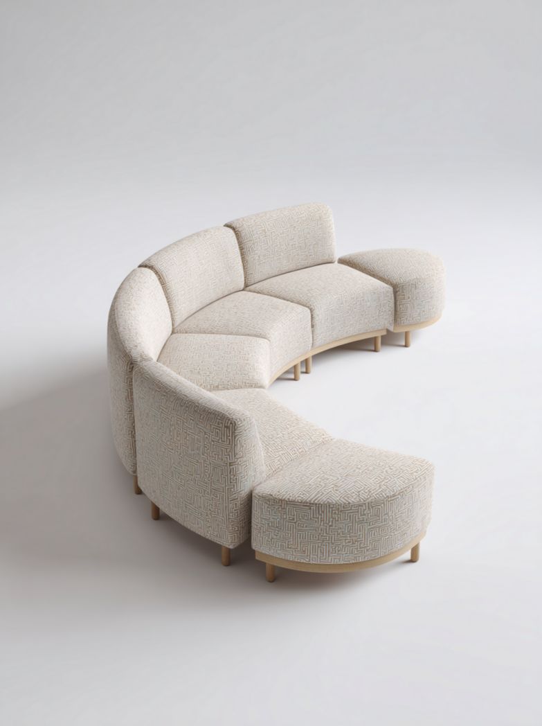 Canapé d'angle arrondi en tissu beige à motifs géométriques avec base en bois, sans coussins