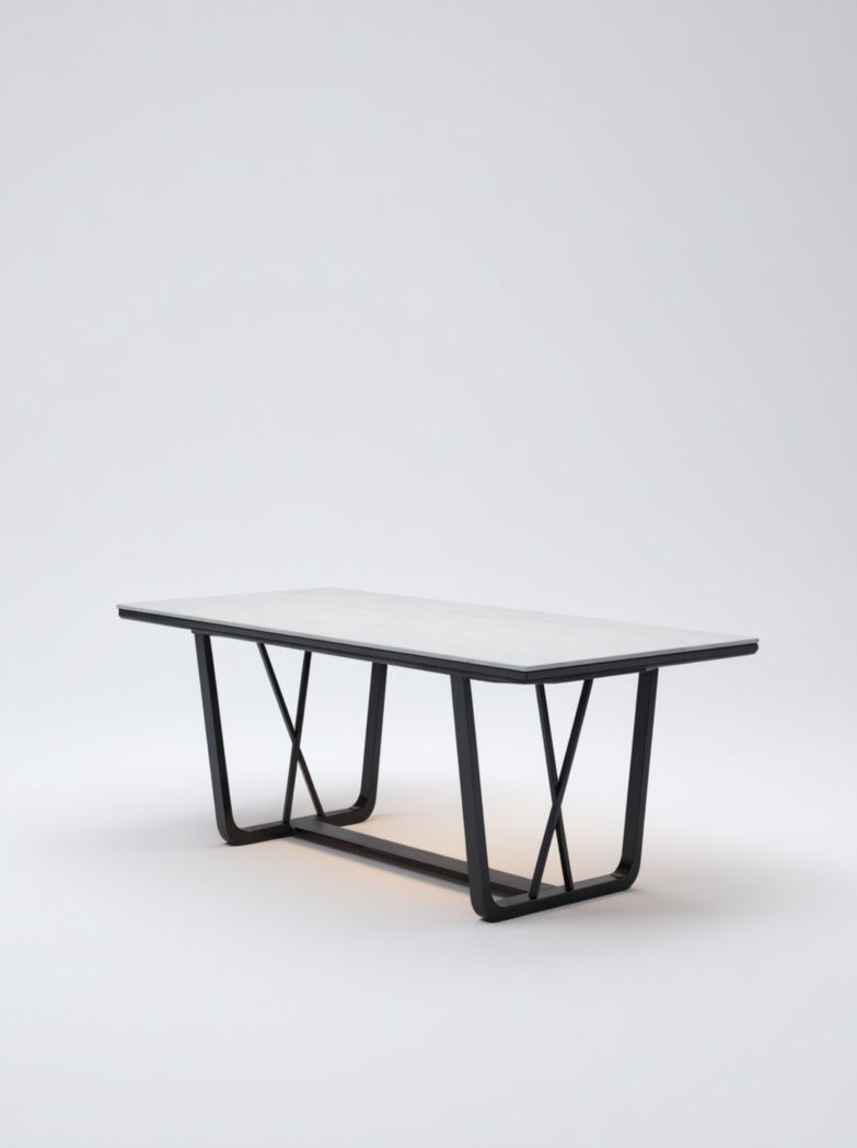 Table à manger rectangulaire avec plateau blanc et piètement géométrique en métal noir
