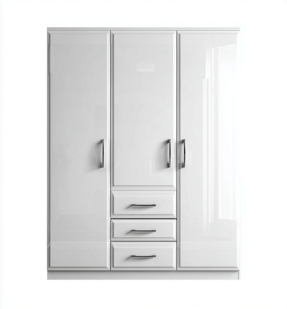 Armoire blanche moderne laquée avec 3 portes et 3 tiroirs, poignées métalliques