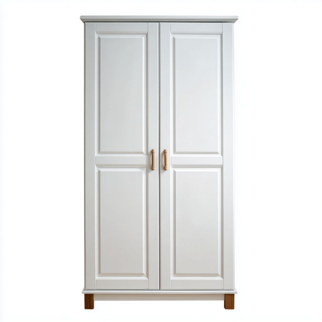Armoire blanche à 2 portes avec pieds en bois et poignées métalliques