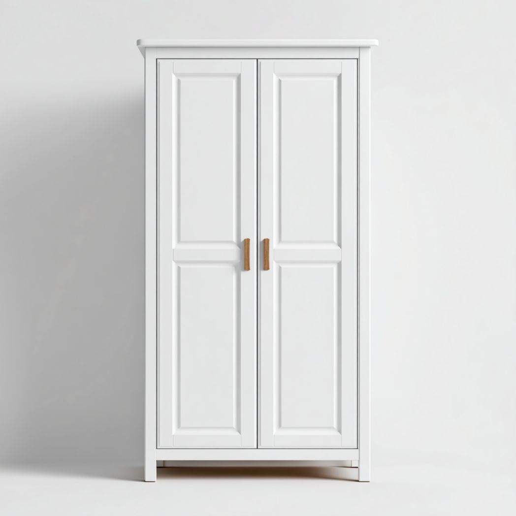 Armoire blanche en bois à 2 portes avec poignées en bois naturel
