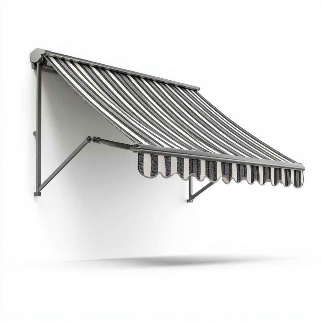 Pare-soleil latéral à rayures noires et blanches, toile polyester et structure en aluminium