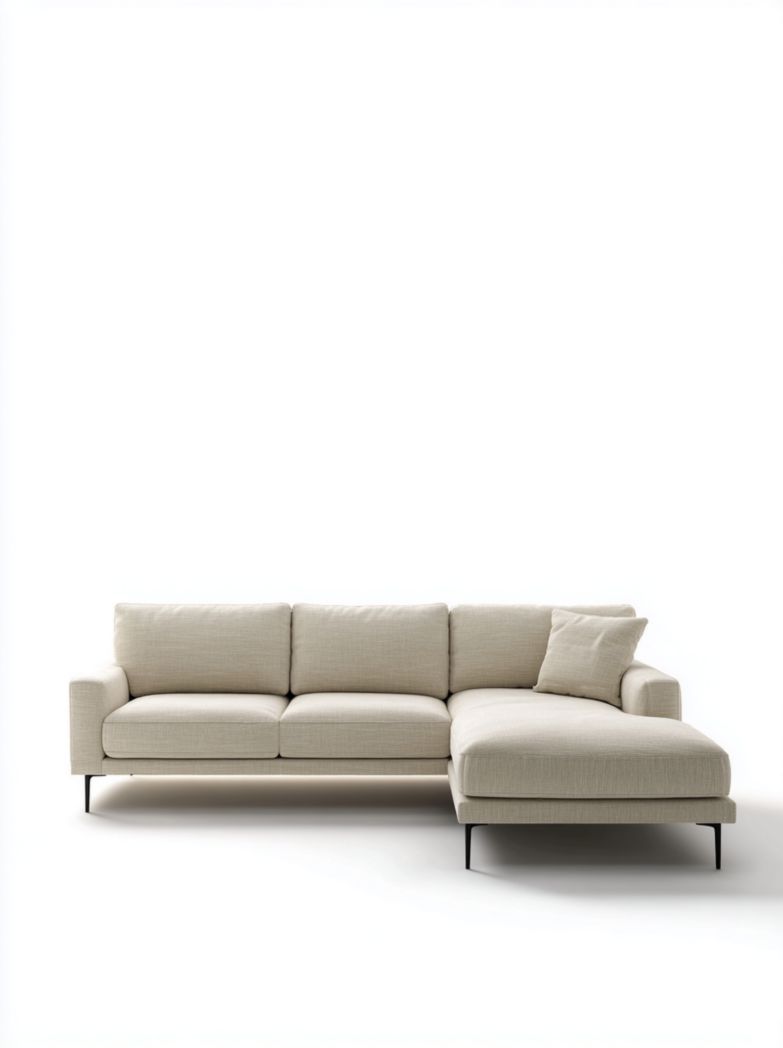 Canapé d'angle en tissu beige avec pieds métalliques et 1 coussin