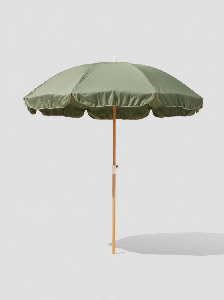 Parasol de jardin vert à toile ronde en polyester avec mât en bois naturel