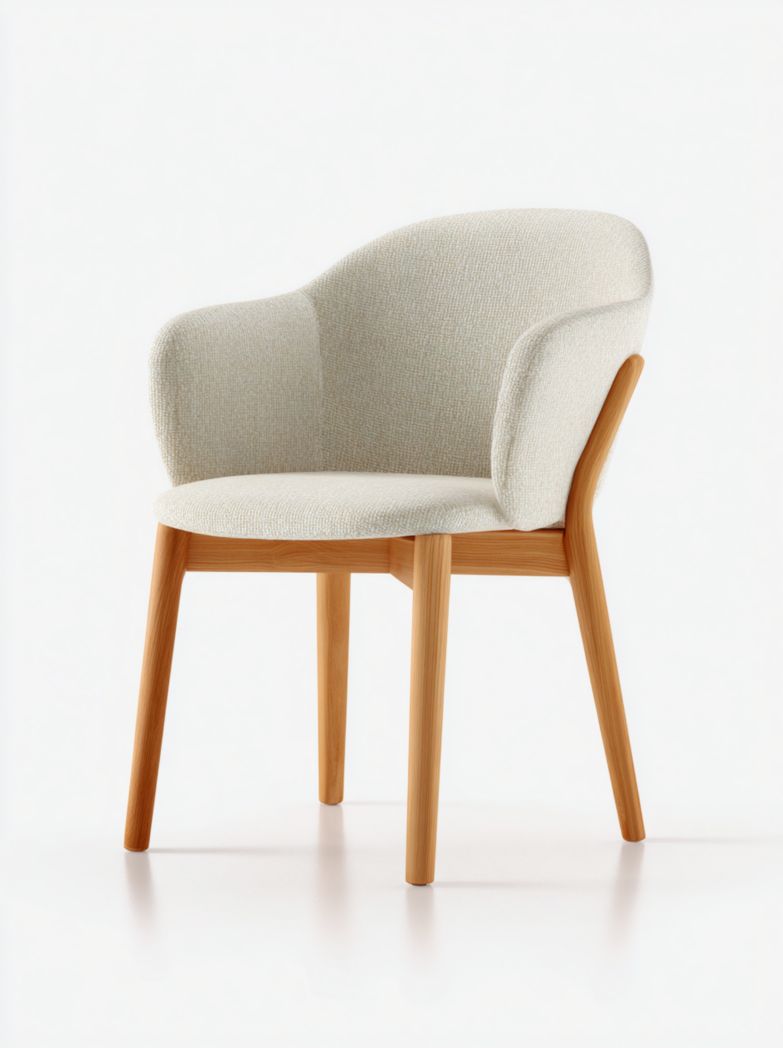 Fauteuil rembourré en tissu clair avec dossier arrondi et structure en bois naturel