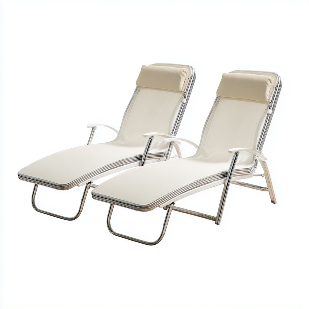 Lot de 2 chaises longues en métal argenté et tissu beige avec appui-tête