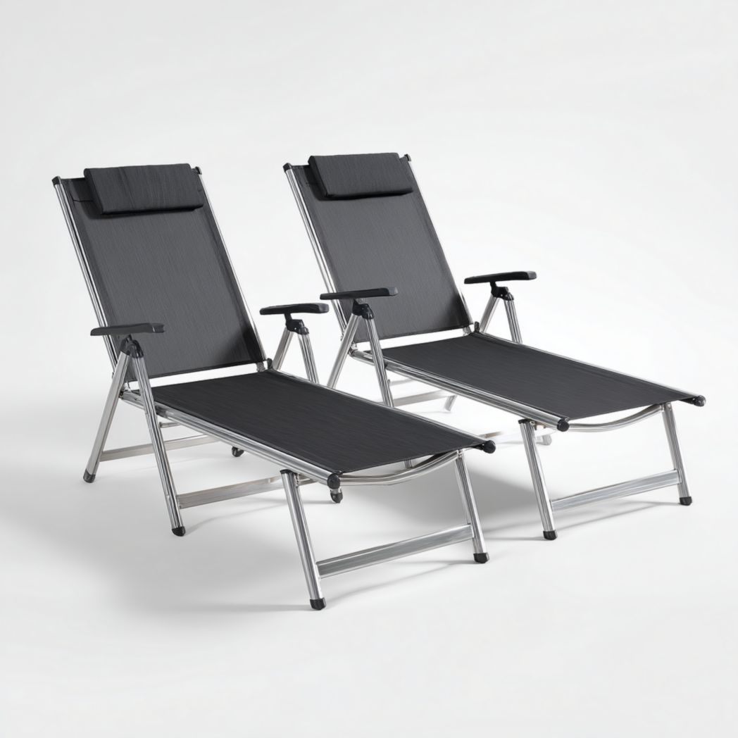 Lot de 2 chaises longues pliantes en métal argenté et tissu noir avec appui-tête
