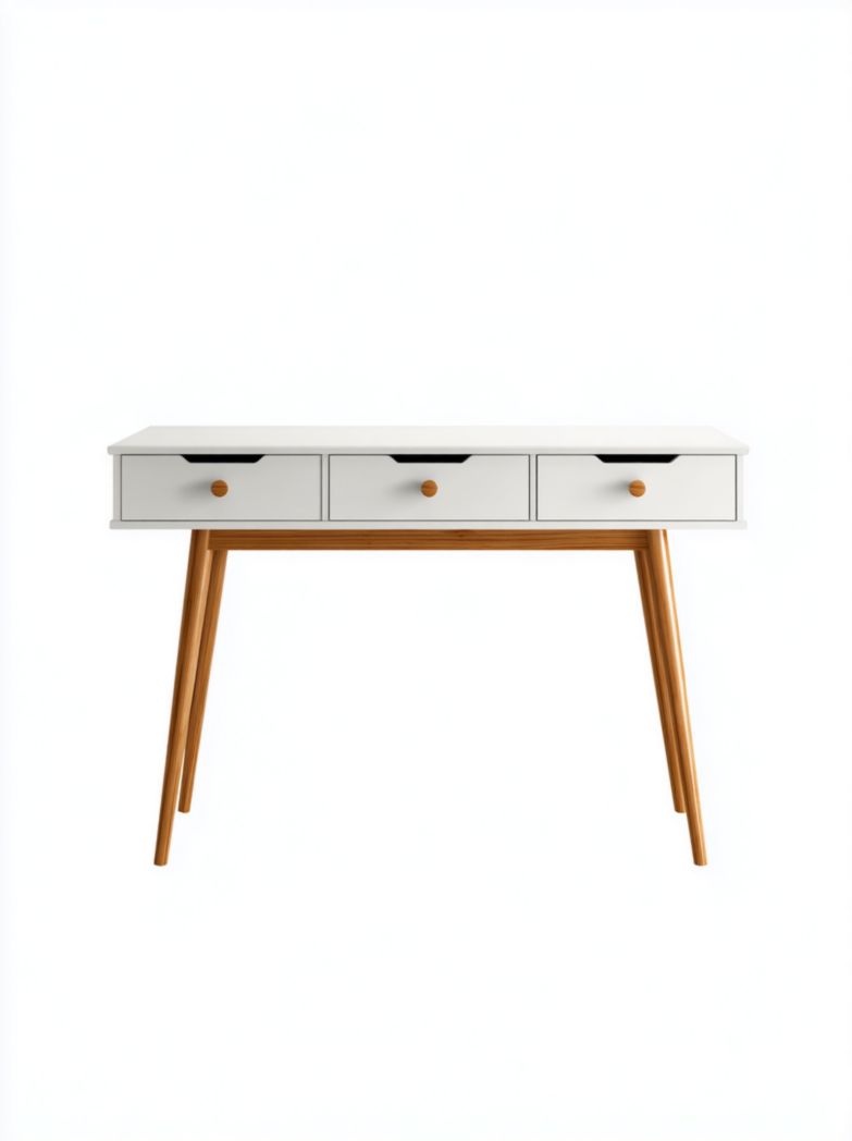 Bureau rectangulaire blanc et bois avec 3 tiroirs et pieds en bois naturel