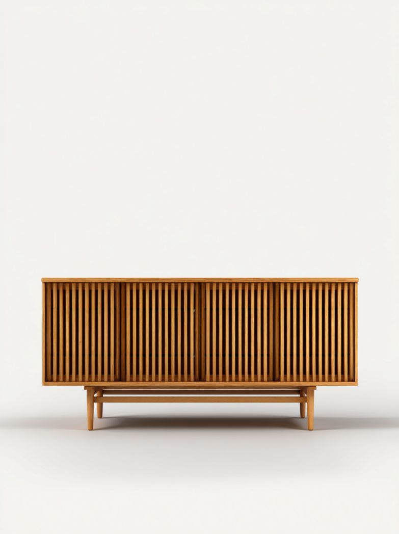 Meuble TV en bois brun clair avec 4 portes coulissantes à lattes verticales