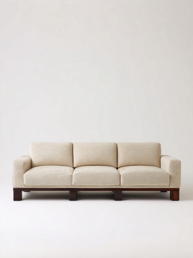 Canapé 3 places en tissu beige avec base en bois massif