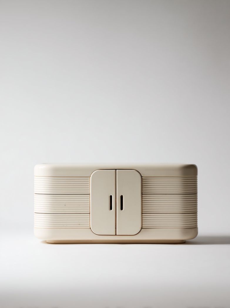 Meuble TV bas rectangulaire beige à 2 portes avec finition texturée