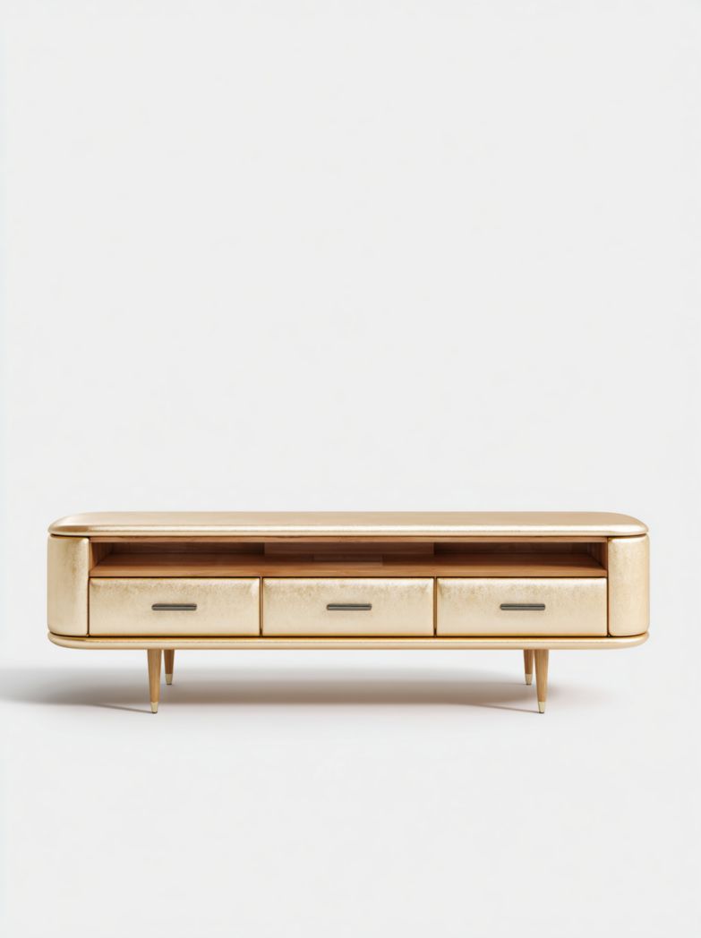 Meuble TV bas rectangulaire doré avec 3 tiroirs et niche ouverte
