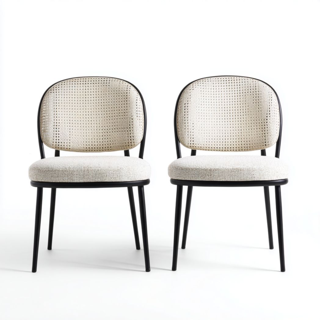 Lot de 2 chaises à dossier cannage et assise rembourrée avec structure en métal noir