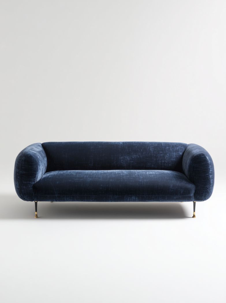 Canapé 3 places en velours bleu nuit avec pieds métalliques dorés