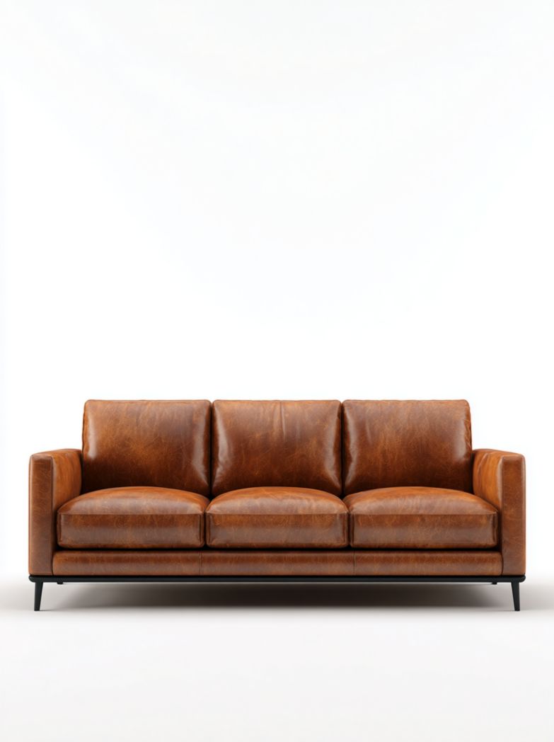 Canapé 3 places en cuir brun avec structure métallique et lignes droites