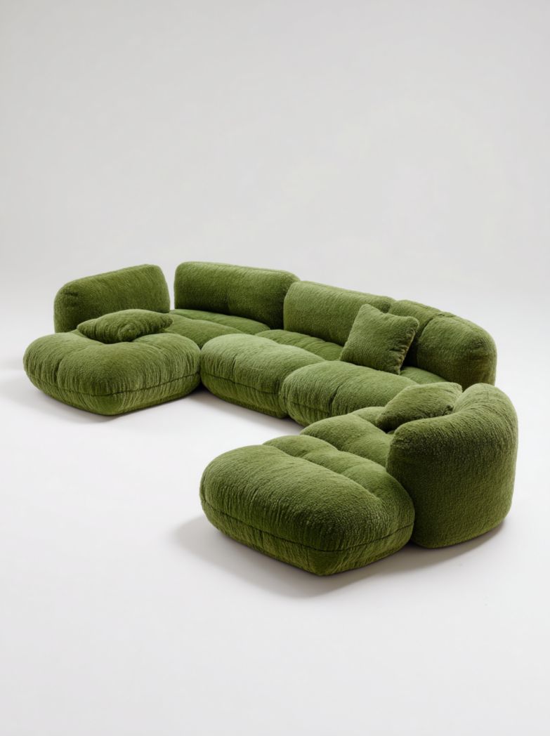 Canapé d'angle en tissu vert avec 3 coussins style moderne et confortable