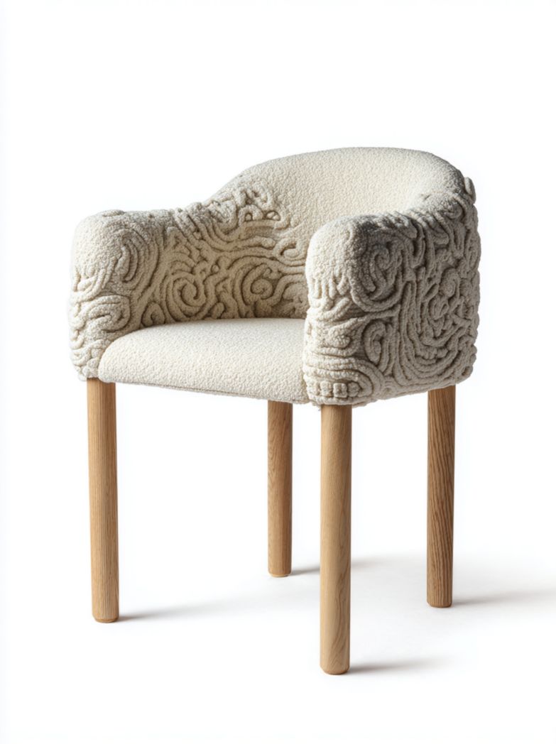 Fauteuil rembourré en tissu bouclette écru avec motif en relief et pieds en bois naturel