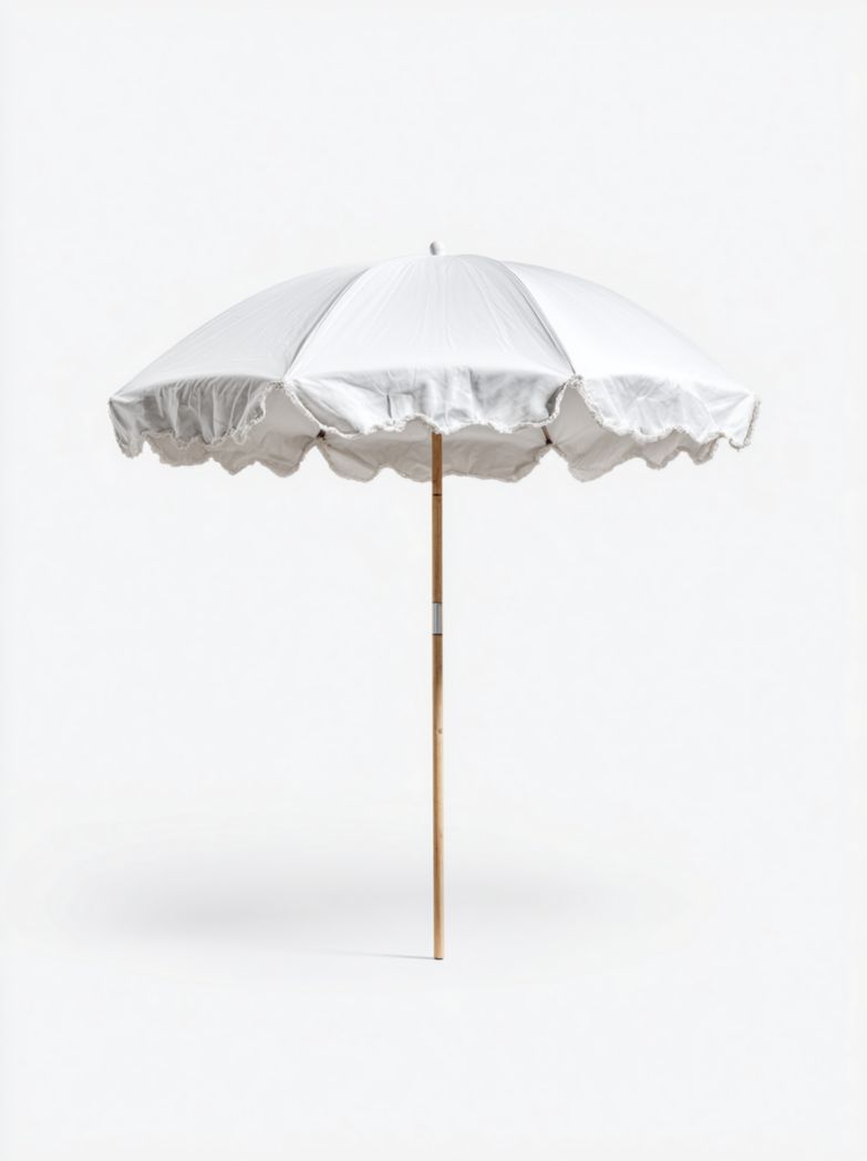 Parasol de jardin blanc avec toile ronde en polyester et mât en bois, bordure décorative