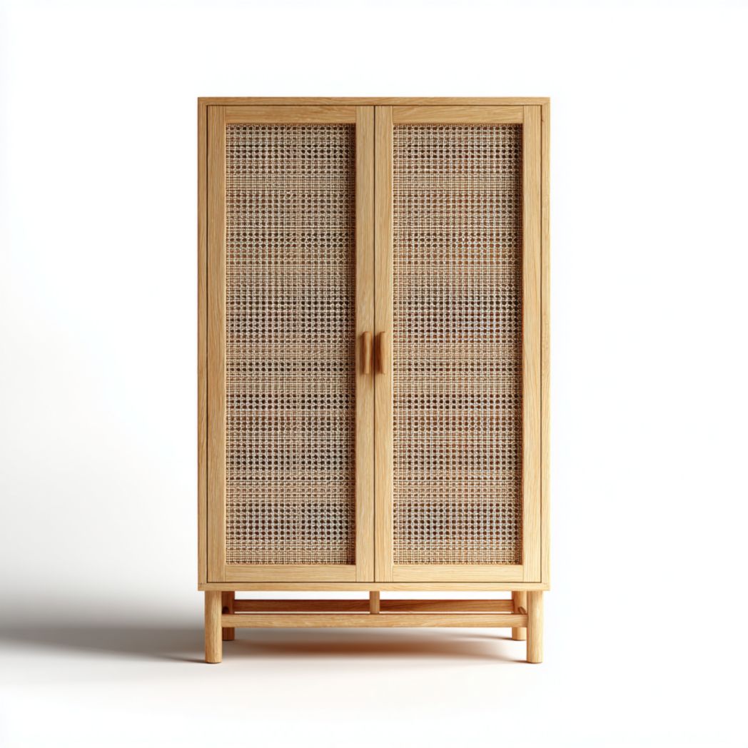 Armoire en bois avec portes en rotin tressé naturel
