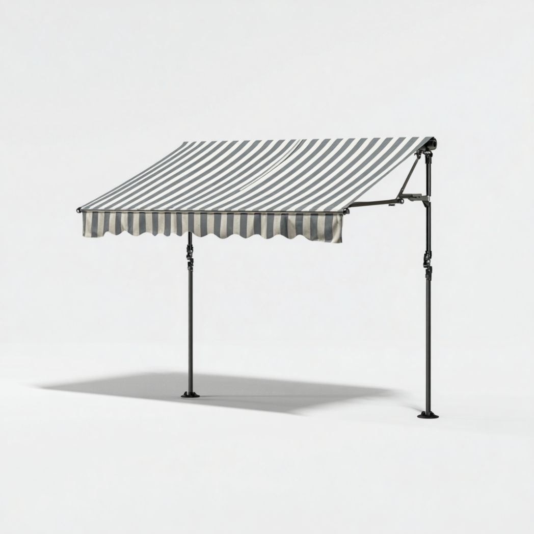 Pare-soleil latéral rayé gris et blanc en toile polyester avec montants métalliques noirs
