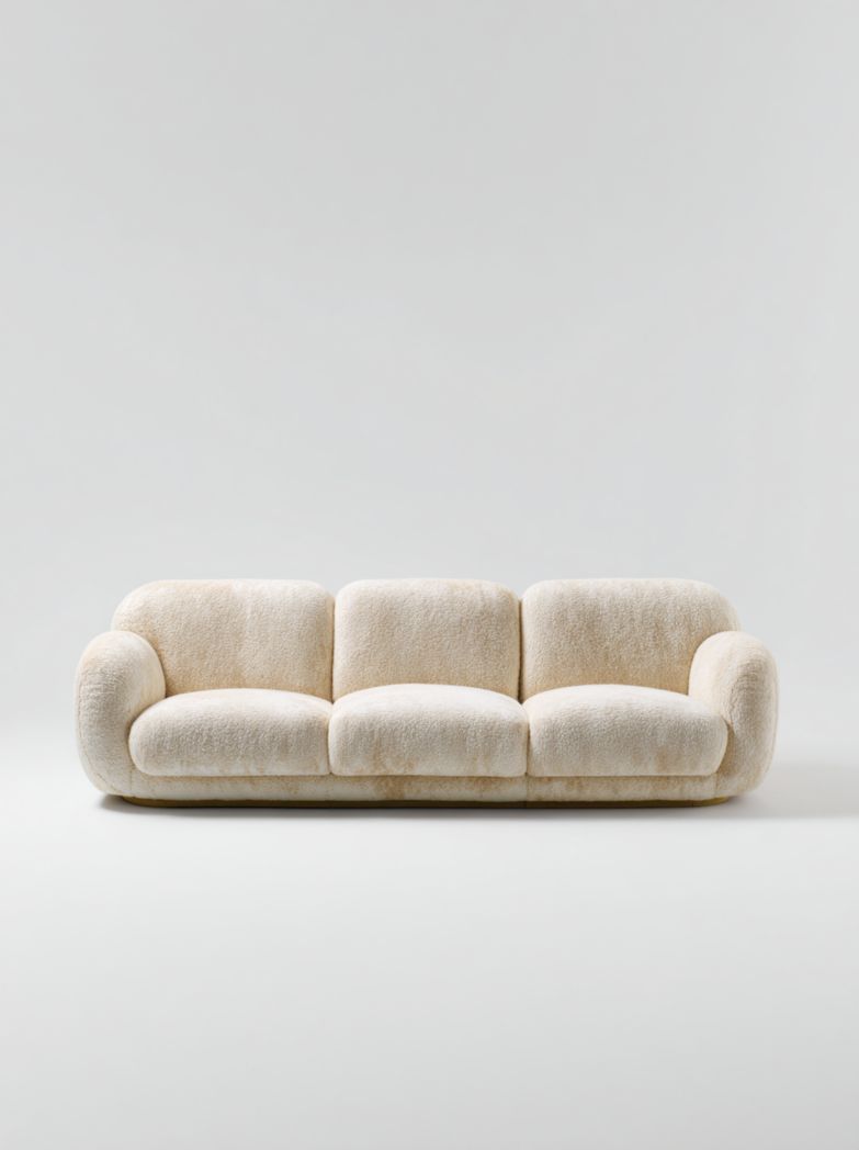 Canapé 3 places en tissu bouclette beige, design arrondi sans coussins