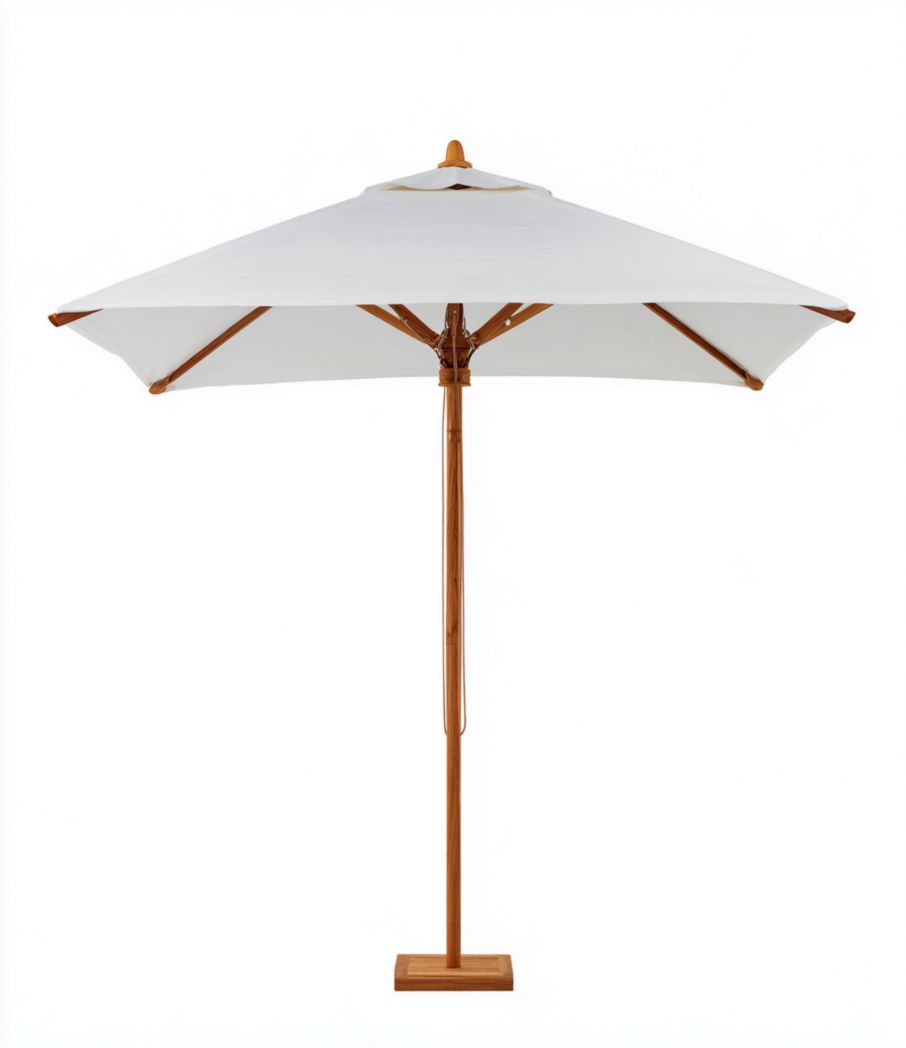 Parasol de jardin blanc, toile polyester et mât en bois, base carrée stable