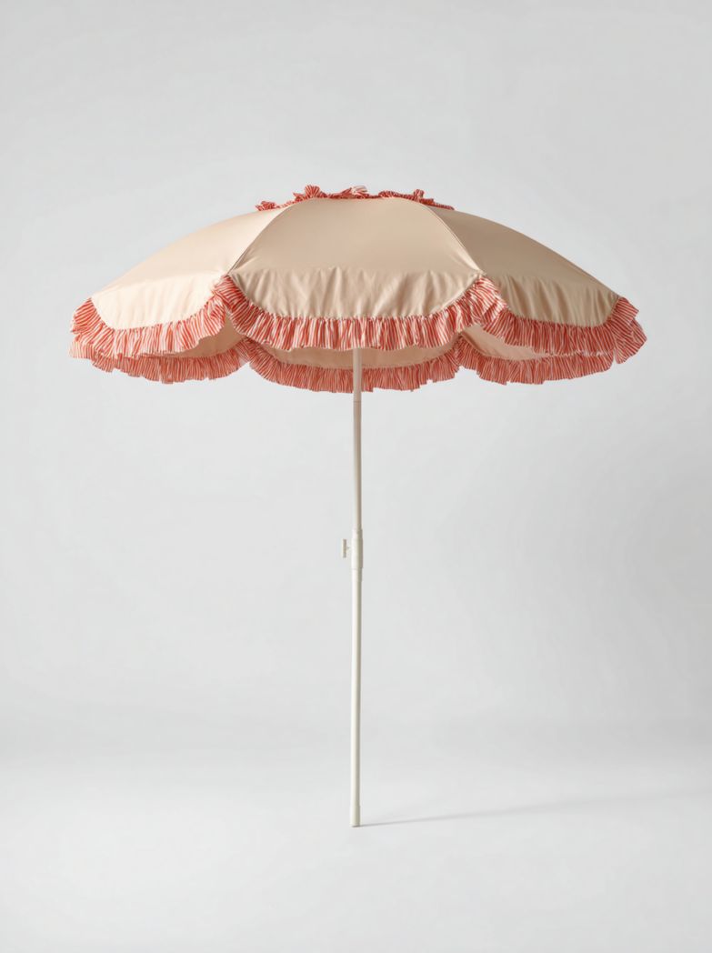 Parasol de jardin beige avec volants, toile polyester et mât métallique blanc, bordure rayée rouge