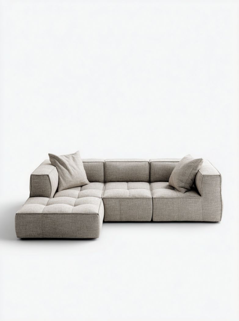 Canapé d'angle modulable en tissu gris clair à motifs carrés avec 2 coussins