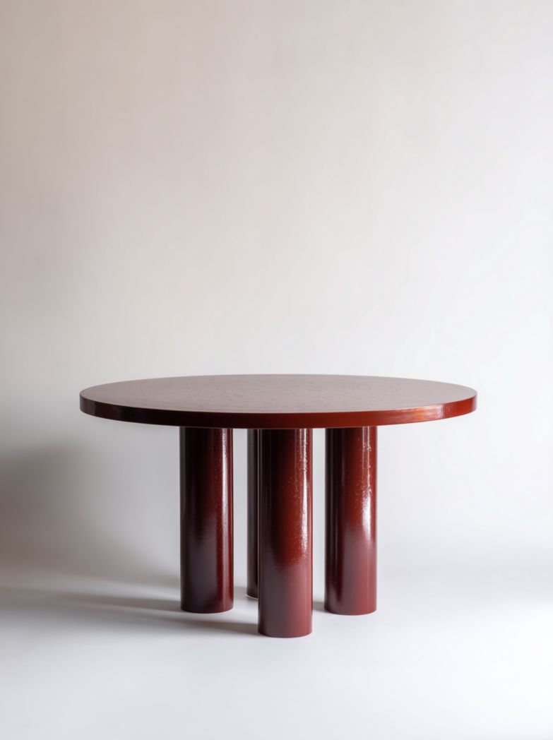 Table ronde en bois brun rouge avec piètement à colonnes multiples