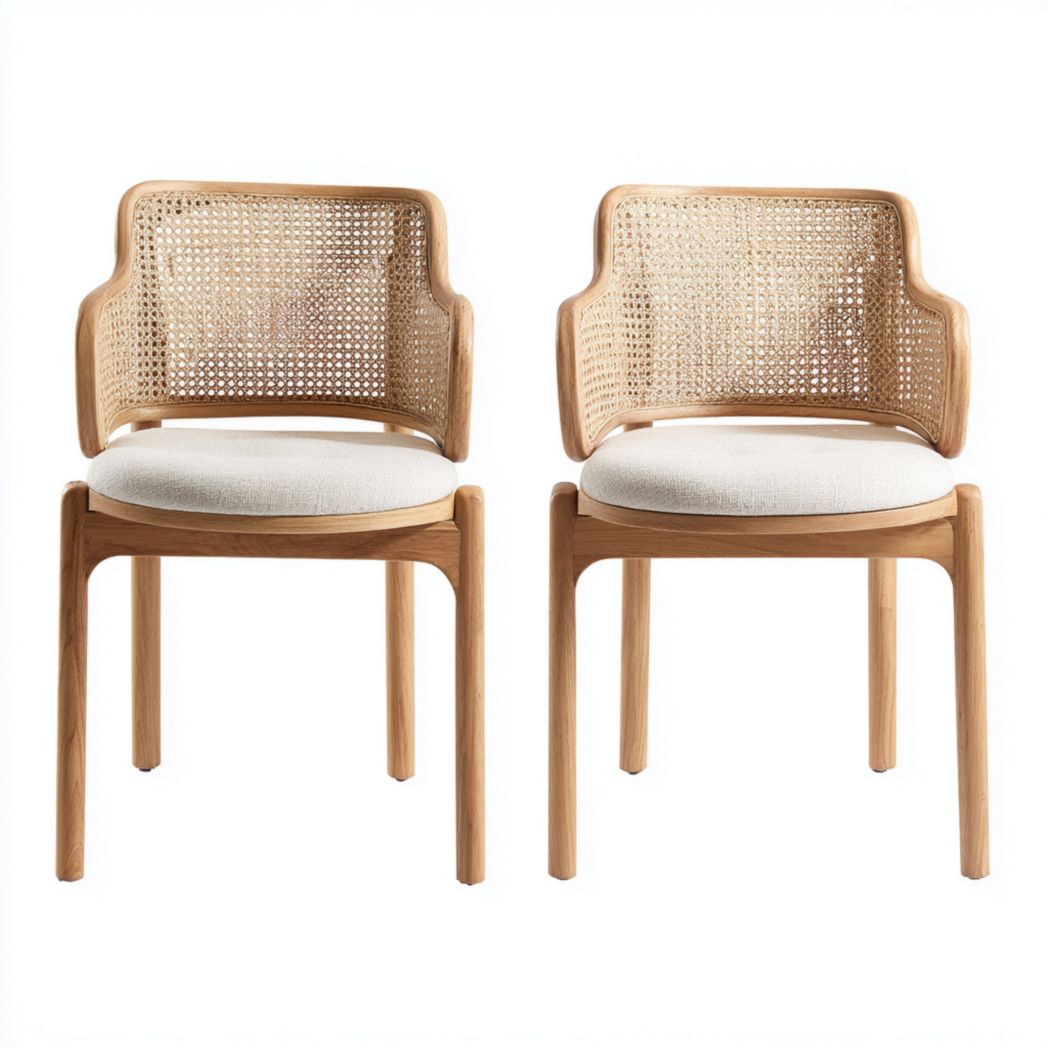 Lot de 2 chaises en bois avec dossier en rotin et assise rembourrée blanche