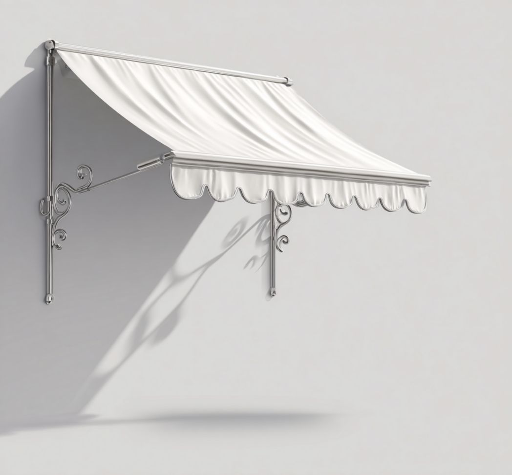 Pare-soleil latéral blanc en toile polyester avec armature en fer forgé et bord ondulé