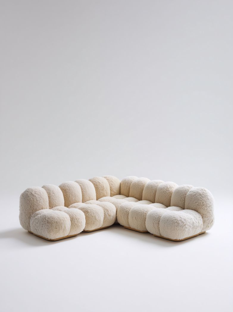 Canapé d'angle en tissu effet bouclette crème sans coussins