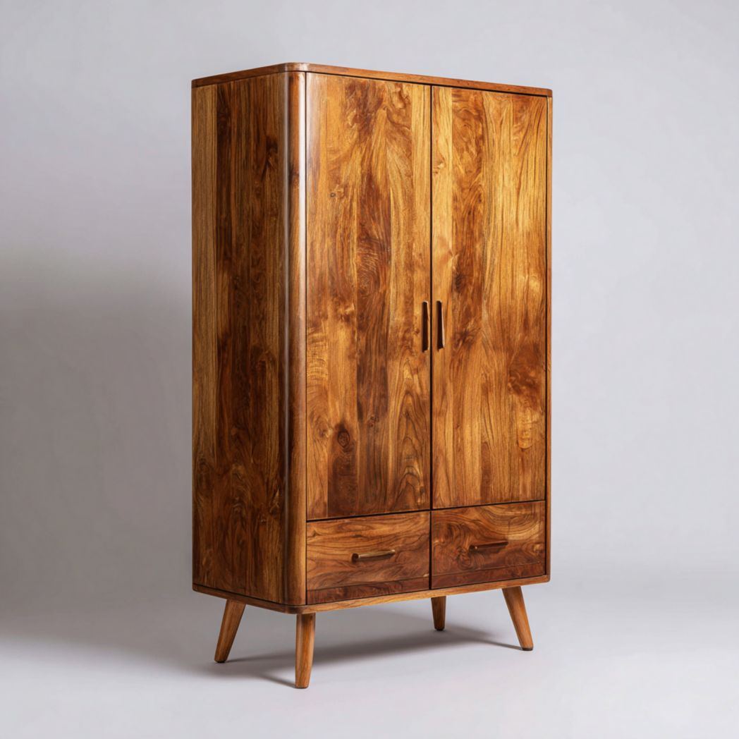 Armoire en bois massif à deux portes et deux tiroirs style rétro