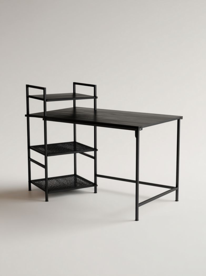 Bureau rectangulaire noir en métal avec 3 étagères de rangement latérales