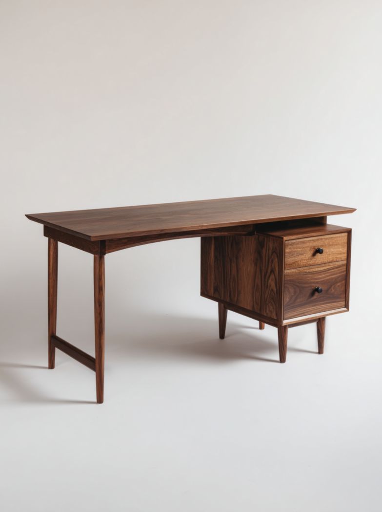 Bureau rectangulaire en bois massif couleur noyer avec 2 tiroirs latéraux