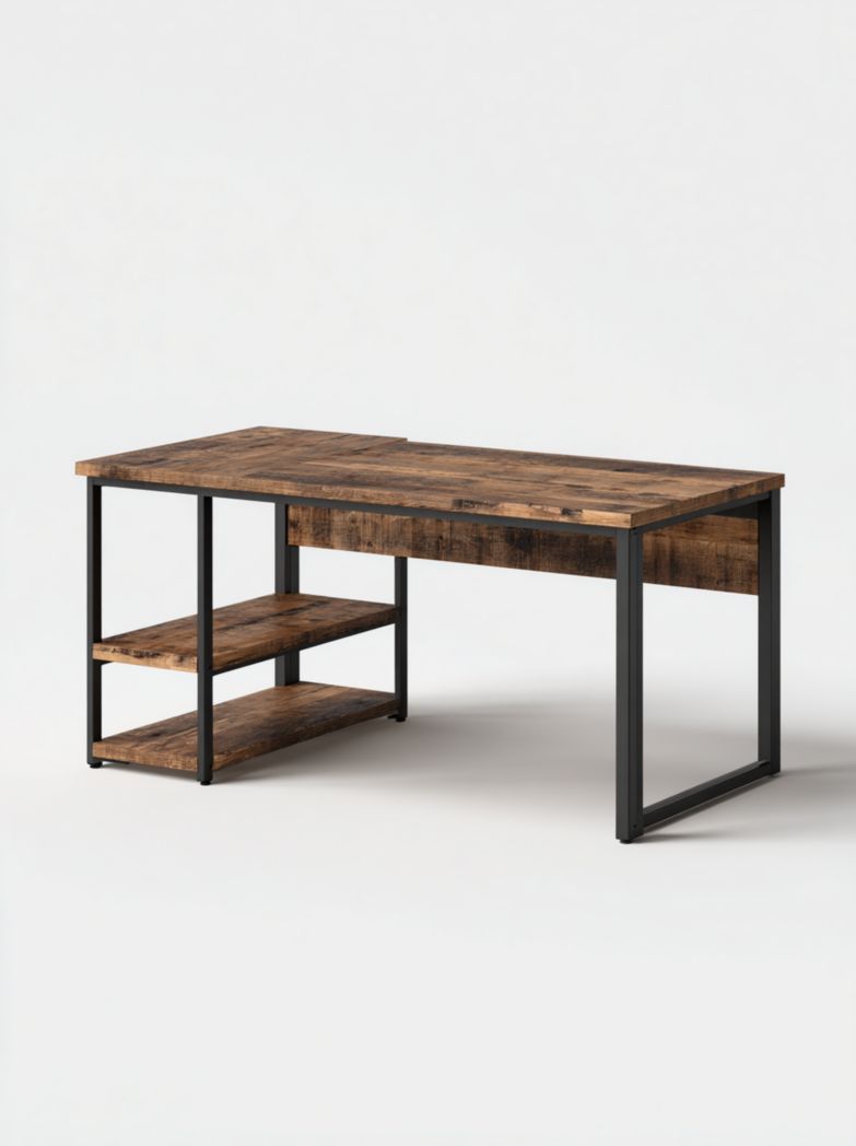 Bureau industriel en bois et métal avec double étagère latérale