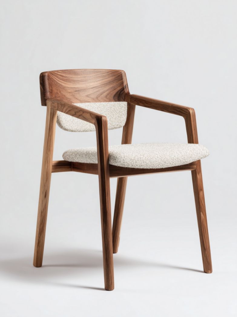 Fauteuil rembourré avec structure en noyer et coussins de dossier et d'assise en cuir d'agneau blanc cassé, design simple et moderne