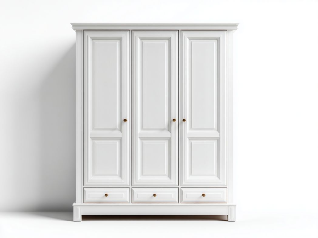 Armoire blanche en bois à 3 portes et 3 tiroirs avec poignées métalliques