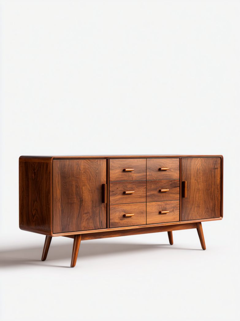 Buffet rectangulaire en noyer, 2 portes et 6 tiroirs sur pieds hauts