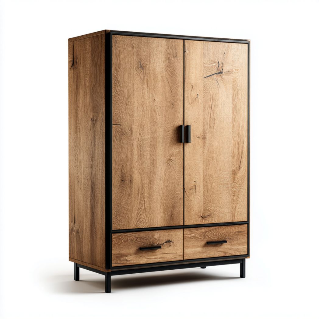 Armoire 2 portes en bois avec cadre métallique et 2 tiroirs modernes