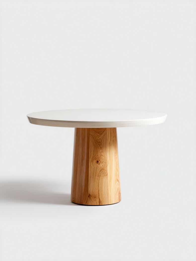 Table ronde avec plateau blanc et piètement conique en bois naturel