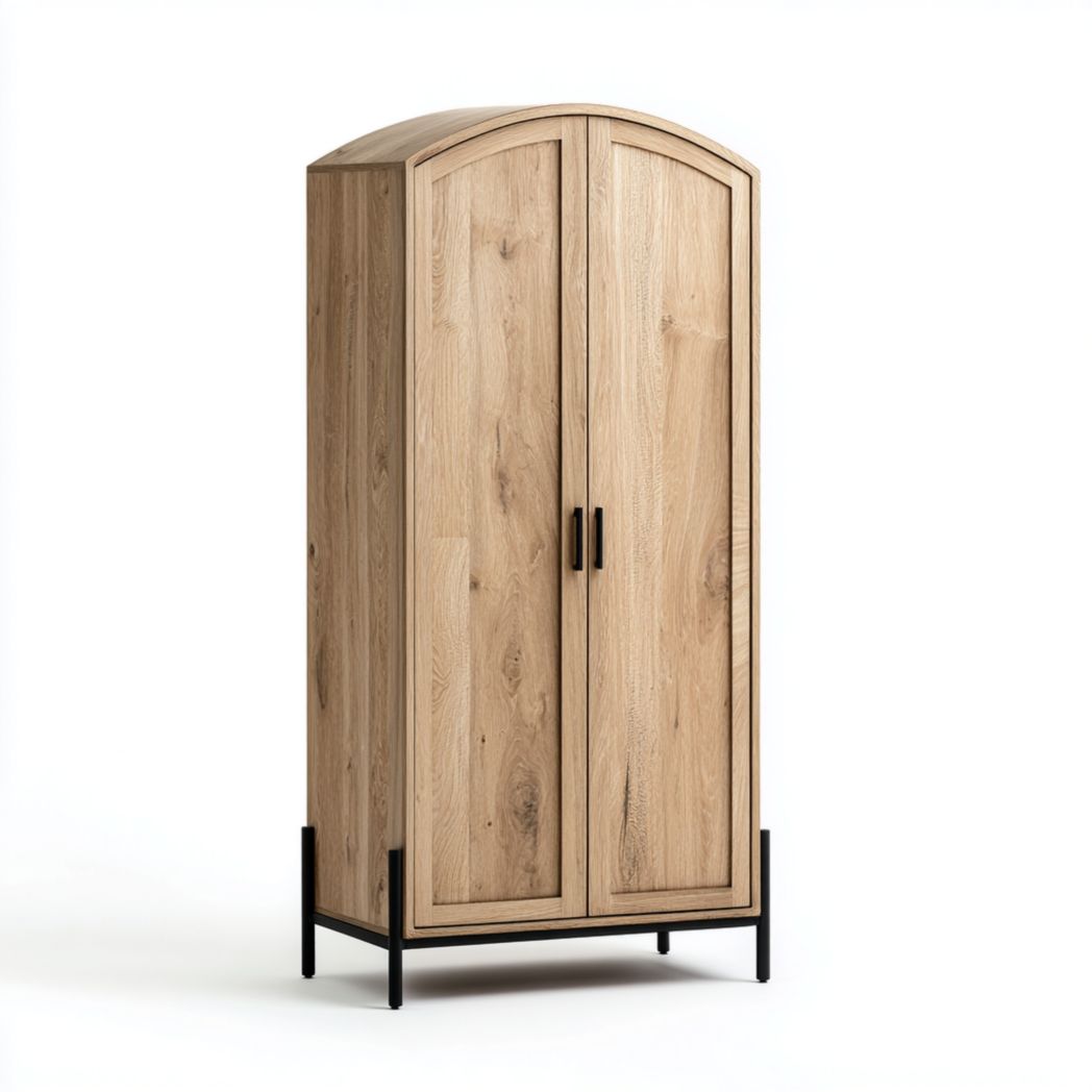 Armoire en bois naturel à deux portes avec sommet arqué et base métallique noire