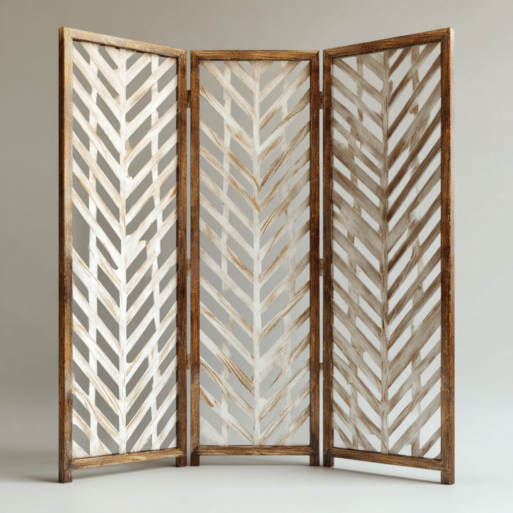 Paravent 3 panneaux bois brun et blanc, motif ajouré en chevrons