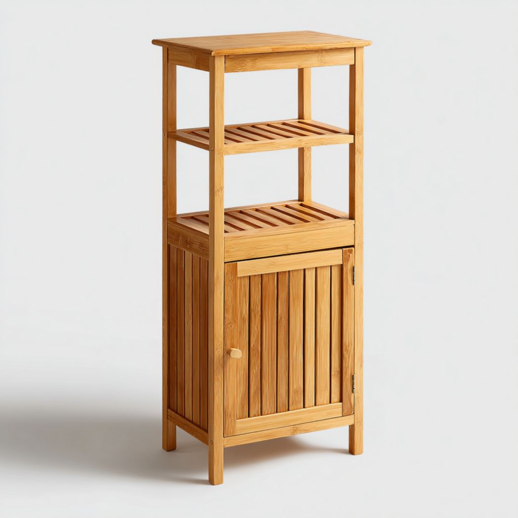 Meuble de salle de bain en bambou avec 2 étagères ouvertes et armoire à 1 porte