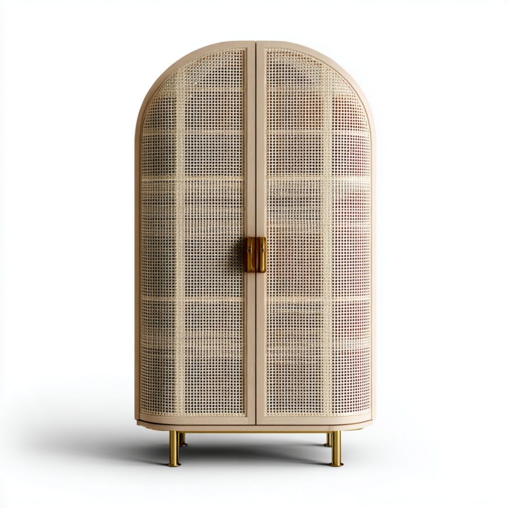 Armoire en bois clair avec 2 portes cintrées en rotin et pieds métalliques
