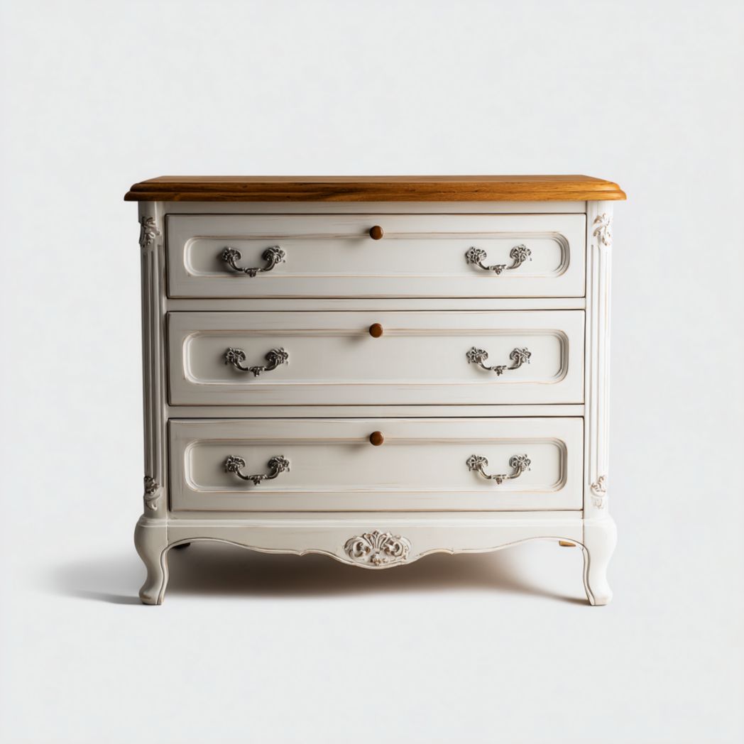 Commode 3 tiroirs bois, corps blanc avec plateau naturel, pieds galbés