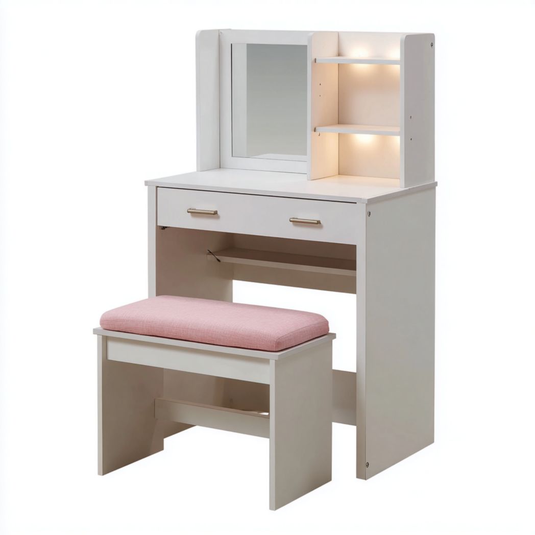 Coiffeuse blanche avec miroir éclairé, un tiroir et tabouret rembourré rose