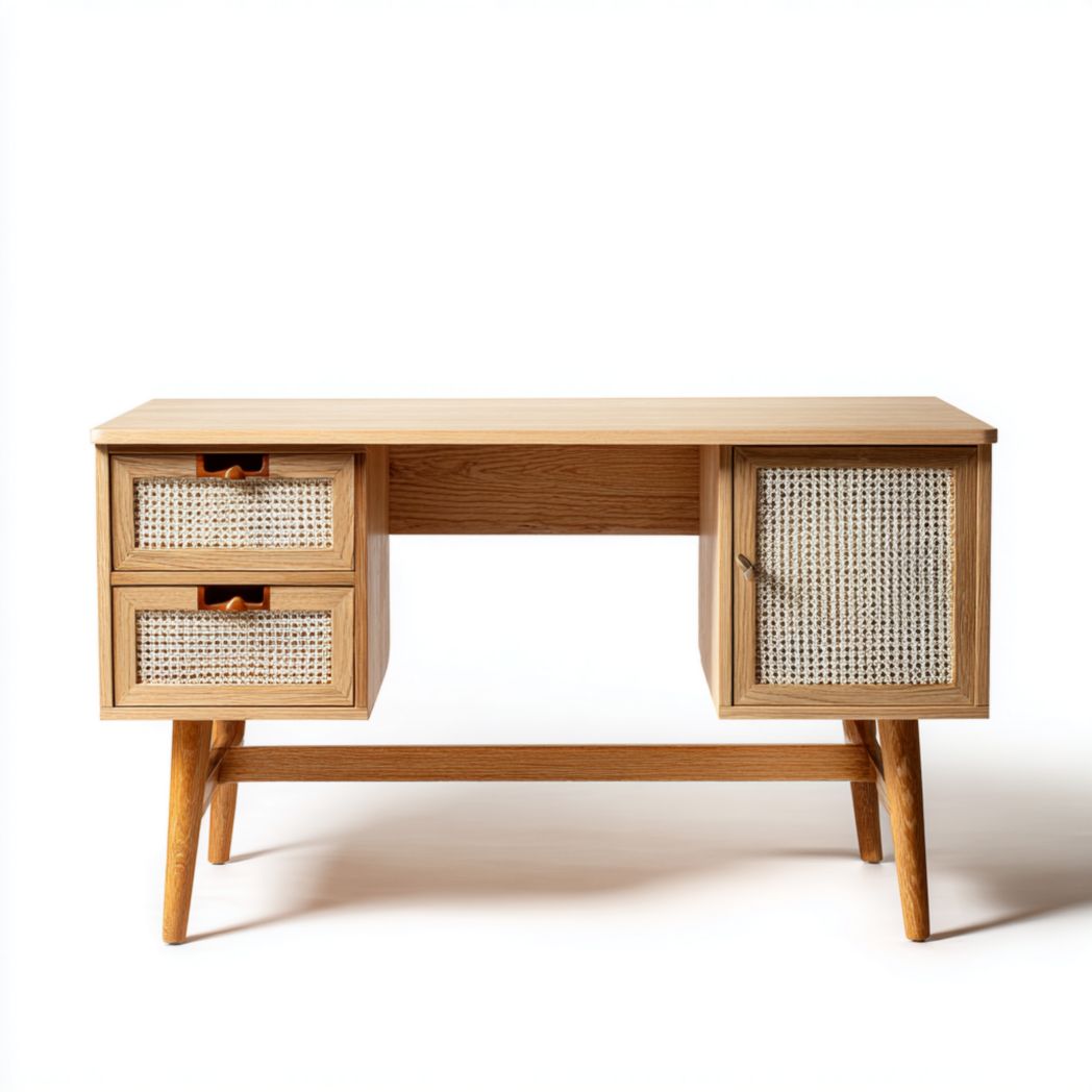 Bureau en bois clair avec deux tiroirs et une porte de rangement en rotin