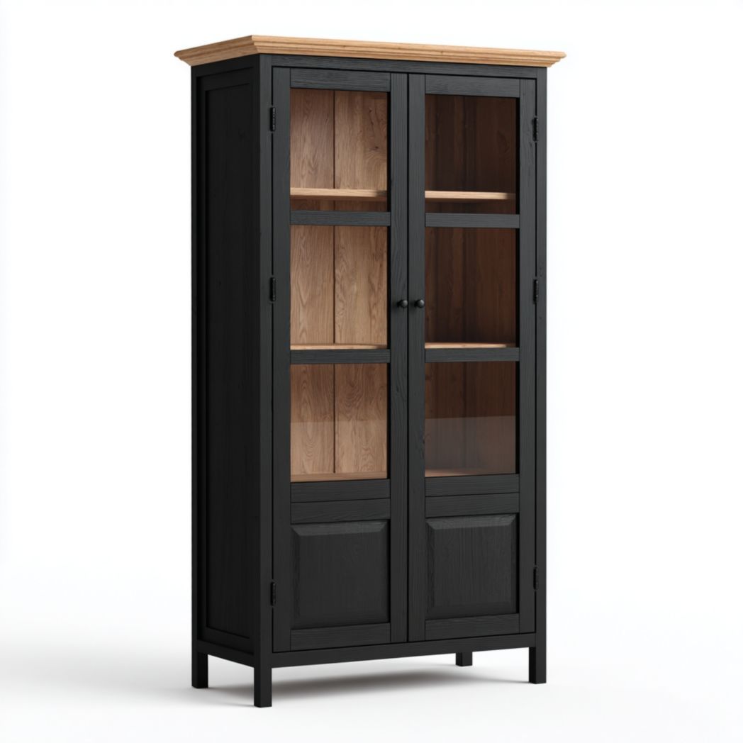 Armoire de salle de bain noire avec 2 portes vitrées et plateau bois clair