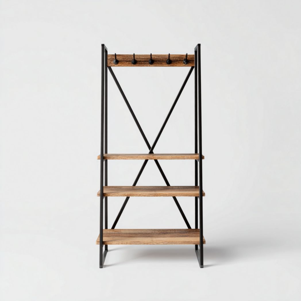 Portemanteau métal et bois avec crochets et trois étagères